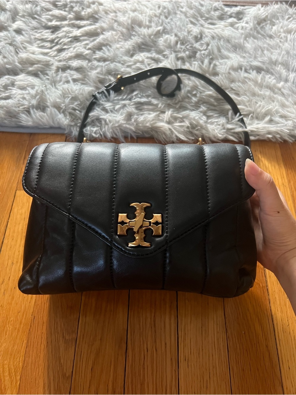 Tory Burch Black Quilted Leather Crossbody with Gold Logo with Top Handle